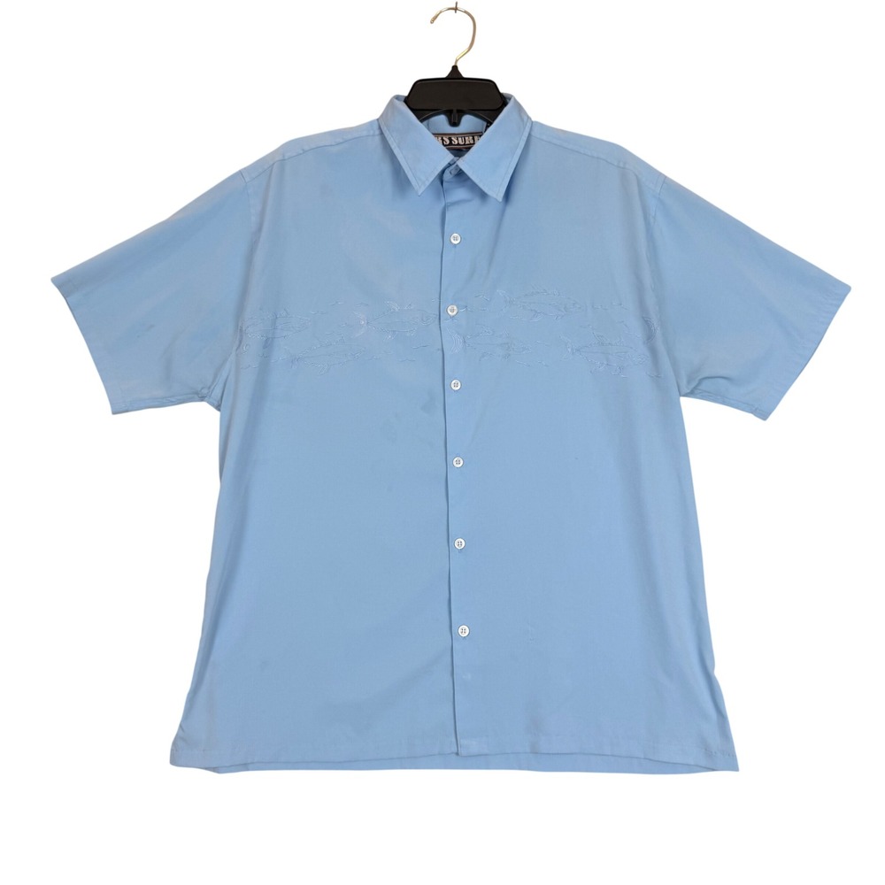 RS Surf Y2K Button Down Shirt Medium Fish Embroidered Blue Short Sleeve RN101796